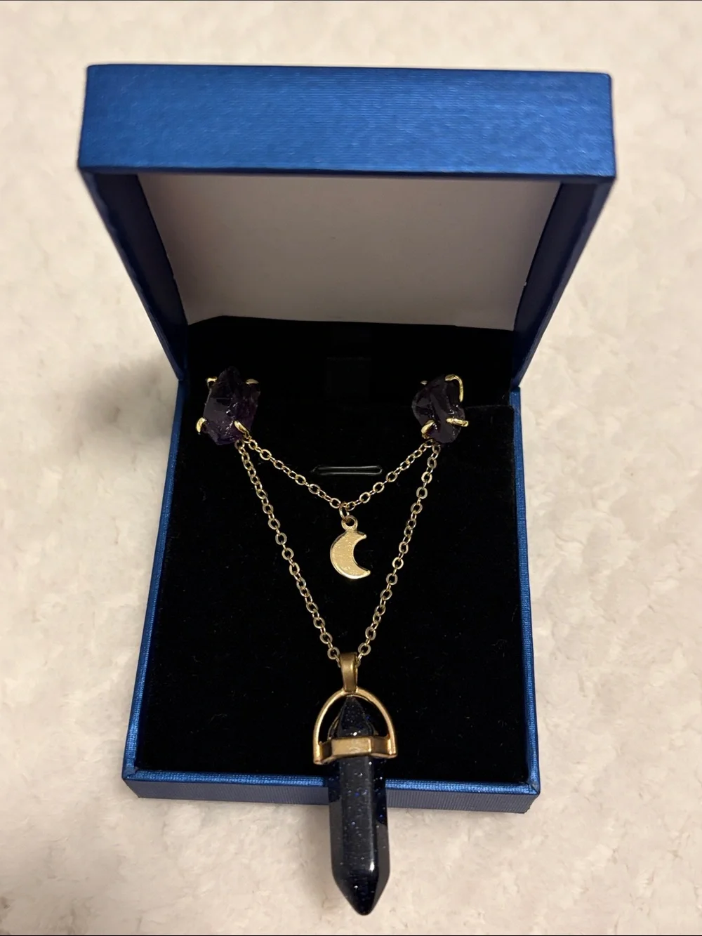 NWOT Gold-Tone Layered Necklace with Purple Stone & Moon Charm & Earrings Set